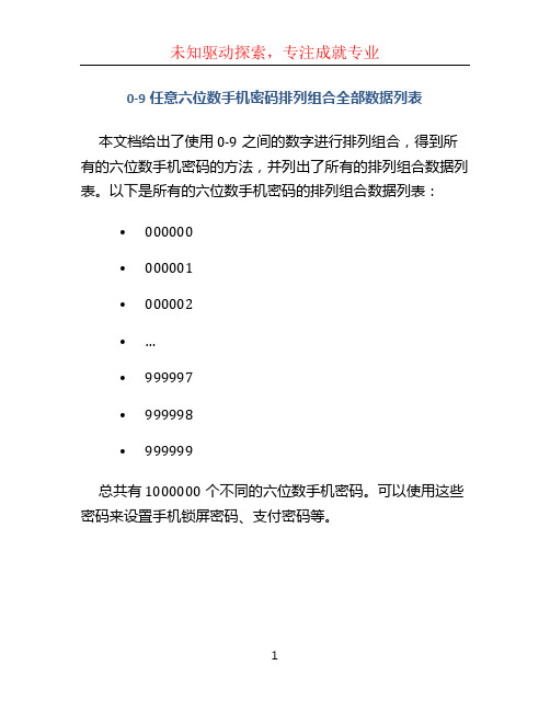 0-9任意六位数手机密码排列组合全部数据列表