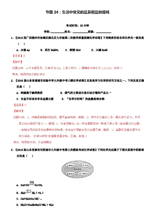 中考化学专题题测试生活中常见的盐及粗盐的提纯