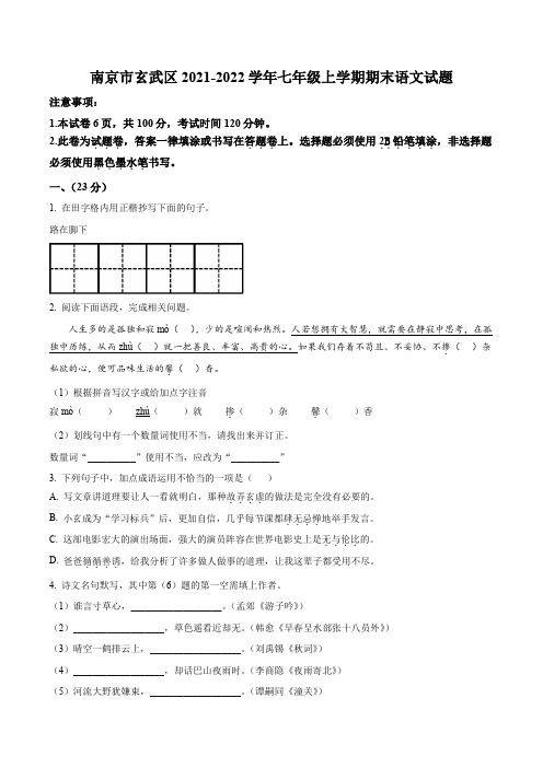 南京市玄武区2021-2022学年七年级上学期期末语文试题(含解析)