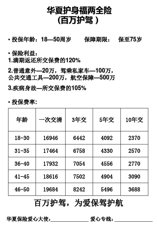 华夏护身福意外险单张