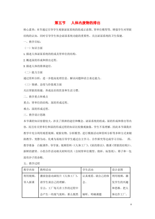 七年级生物下册4.5人体内废物的排出教案新版新人教版