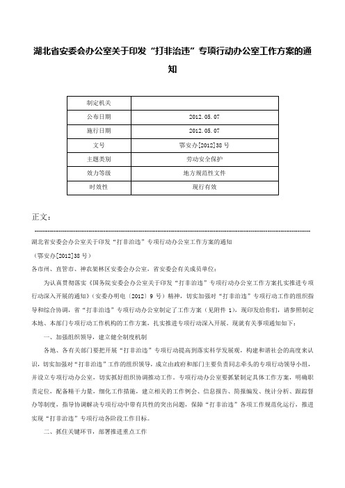 湖北省安委会办公室关于印发“打非治违”专项行动办公室工作方案的通知-鄂安办[2012]38号