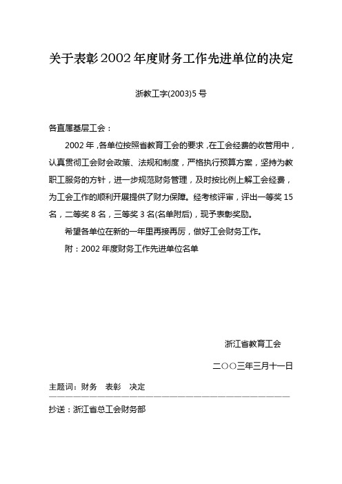 关于表彰2002年度财务工作先进单位的决定