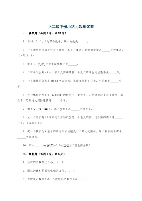 六年级下册小状元数学试卷