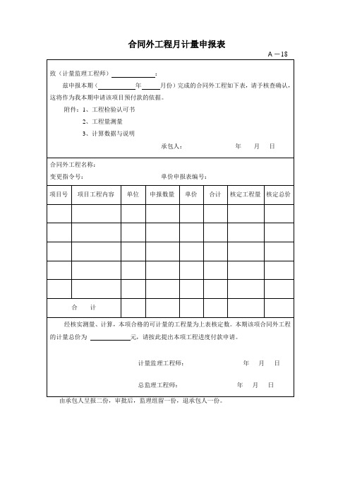 合同外工程月计量申报表