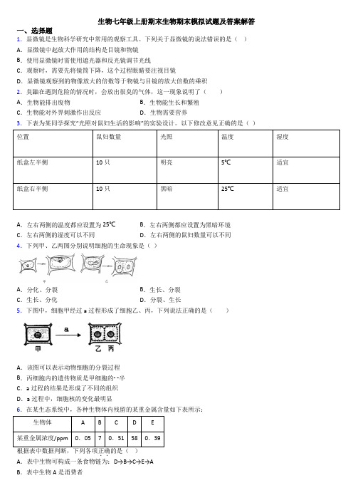 生物七年级上册期末生物期末模拟试题及答案解答