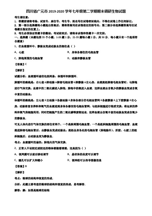 四川省广元市2019-2020学年七年级第二学期期末调研生物试题含解析