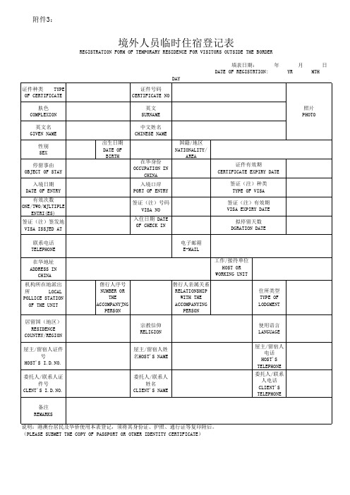 境外人员临时住宿登记表