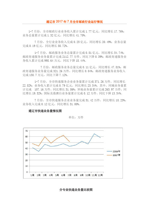 通辽市2017年7月全市邮政行业运行情况