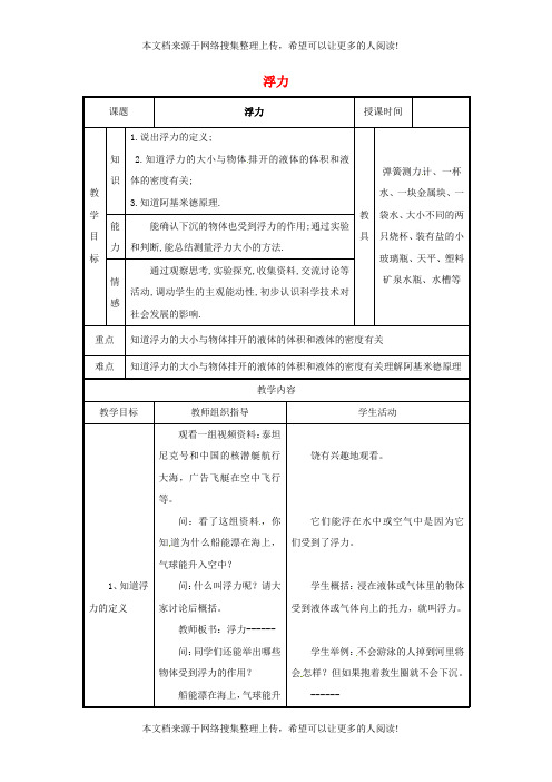 2018八年级物理下册 10.4浮力教案 (新版)苏科版