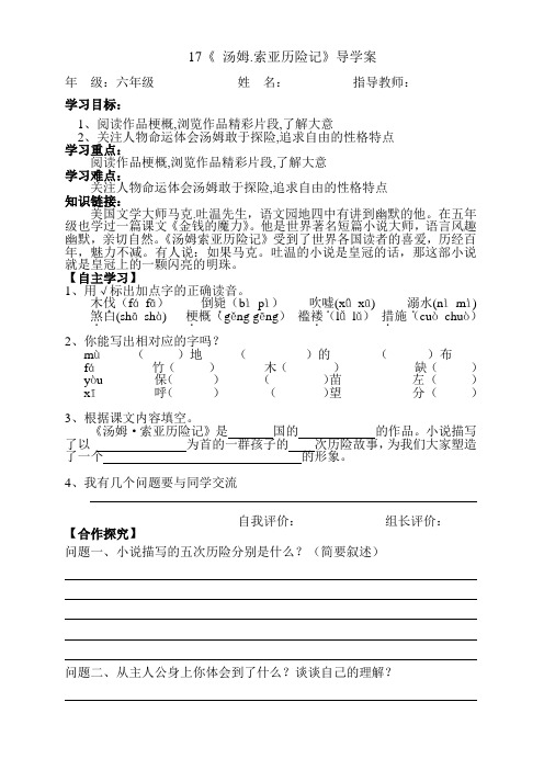 《汤姆索亚历险记》导学案