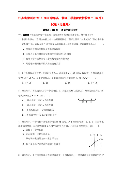 江苏省徐州市高一物理下学期阶段性检测二(6月)试题(无