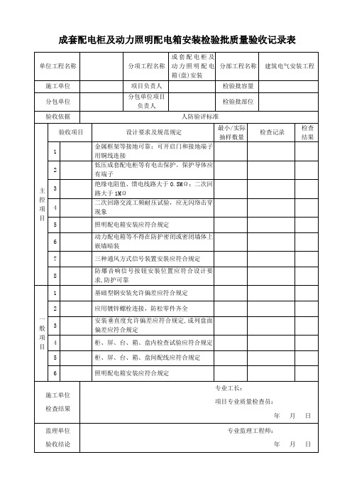 成套配电柜及动力照明配电箱安装检验批质量验收记录表