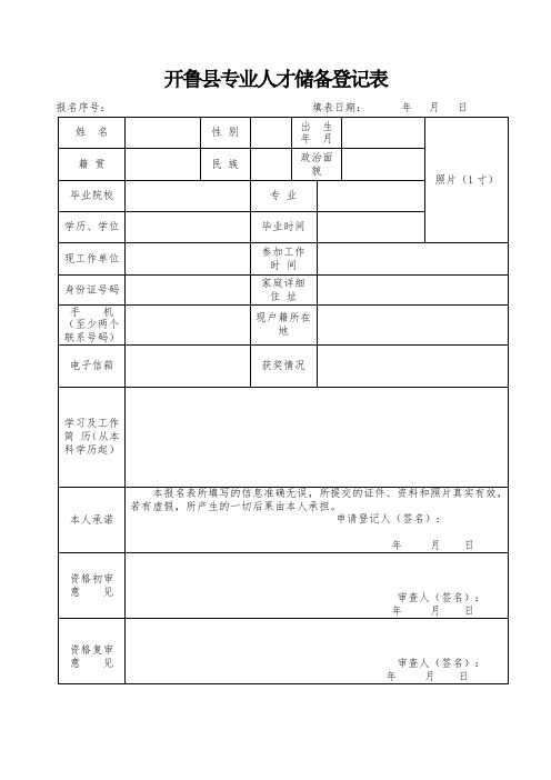 开鲁县专业人才储备登记表