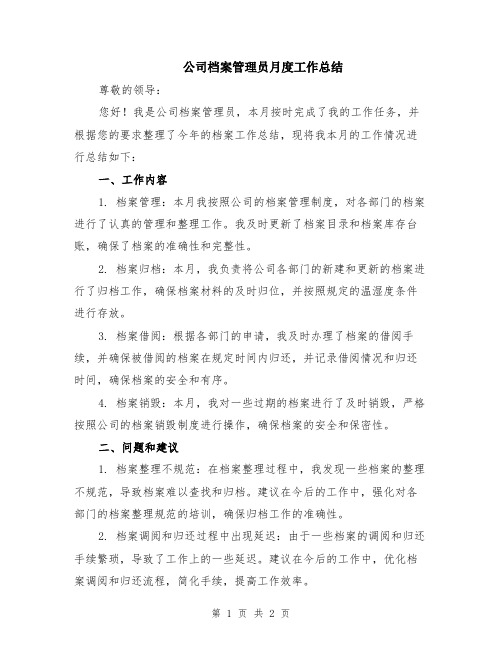 公司档案管理员月度工作总结