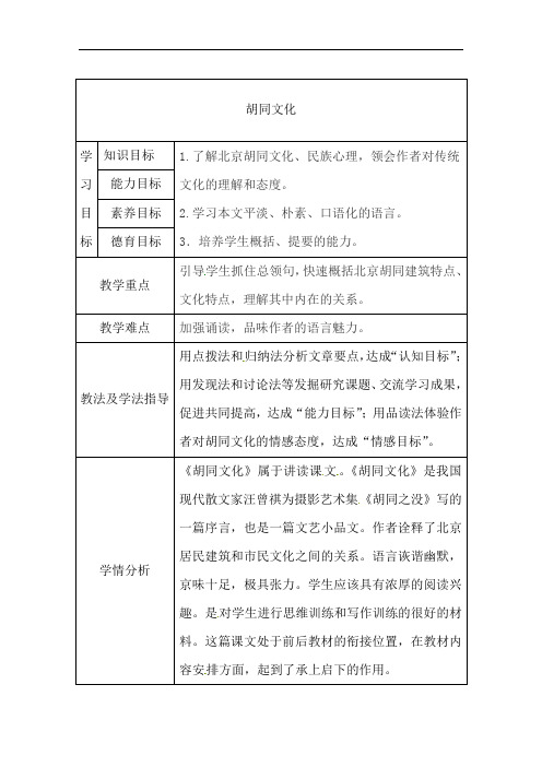 1《胡同文化》第一课时教学设计-2021-2022学年中职语文高教版拓展模块