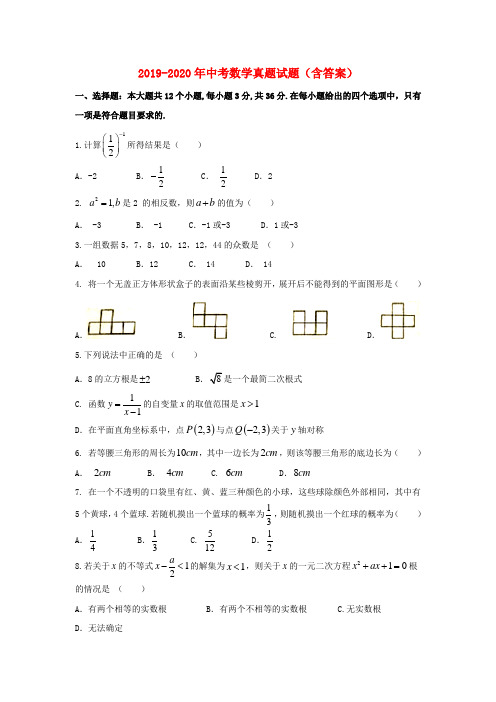 2019-2020年中考数学真题试题(含答案)