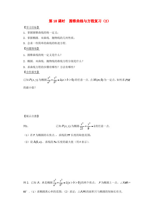 江苏省宿迁市高中数学 第2章 圆锥曲线与方程 第18课时 圆锥曲线与方程复习(2)导学案(无答案)苏教版选修