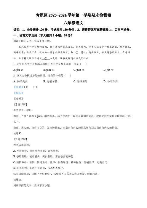 精品解析：江西省吉安市青原区2023-2024学年八年级上学期期末语文试题(解析版)