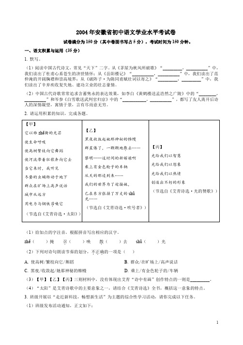 2004年安徽省初中语文学业水平考试卷附答案解析