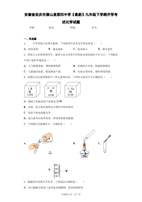 安徽省安庆市潜山县第四中学2020-2021学年九年级下学期开学考试化学试题