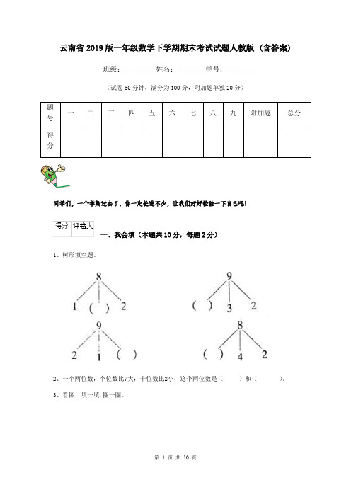 云南省2019版一年级数学下学期期末考试试题人教版 (含答案)