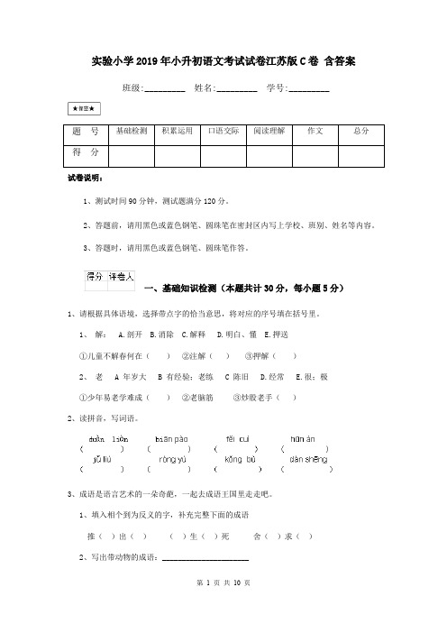 实验小学2019年小升初语文考试试卷江苏版C卷 含答案