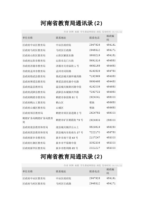 河南省教育局通讯录