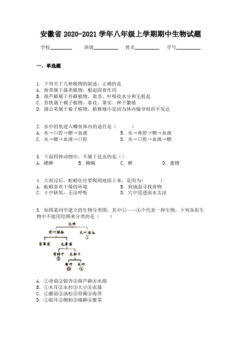 安徽省2020-2021学年八年级上学期期中生物试题