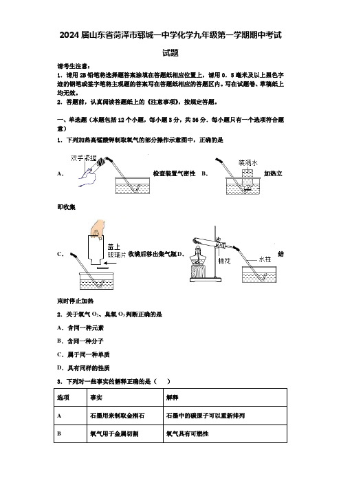 2024届山东省菏泽市郓城一中学化学九年级第一学期期中考试试题含解析