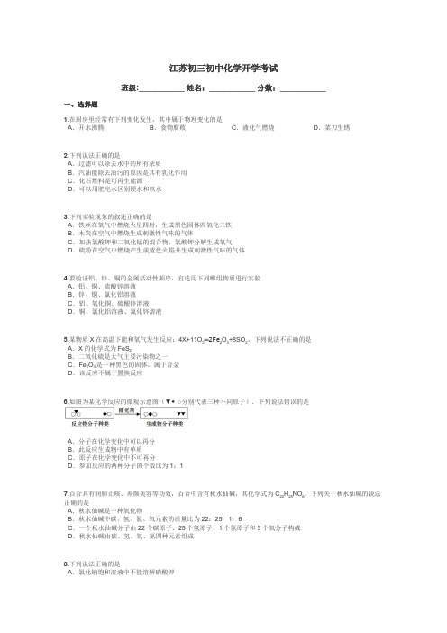 江苏初三初中化学开学考试带答案解析
