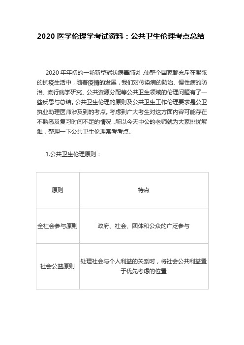 2020医学伦理学考试资料：公共卫生伦理考点总结