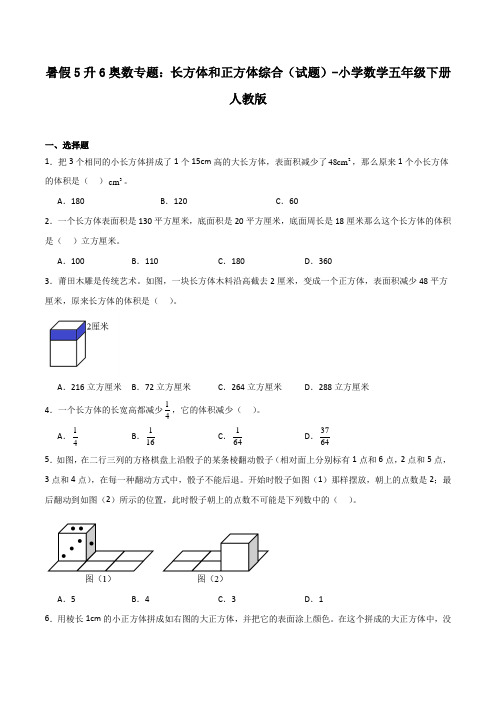 暑假5升6奥数专题：长方体和正方体综合(试题)-小学数学五年级下册人教版_39877036