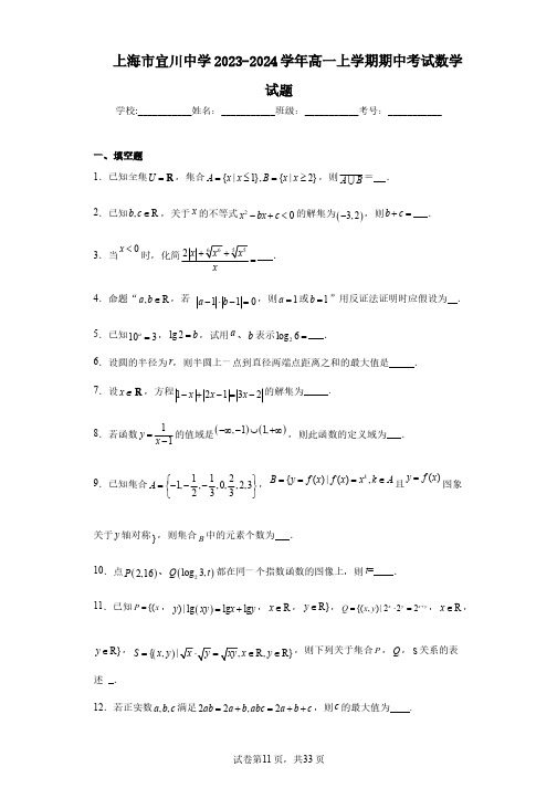 上海市宜川中学2023-2024学年高一上学期期中考试数学试题