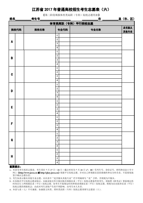 江苏2017年普通高校招生考生志愿表