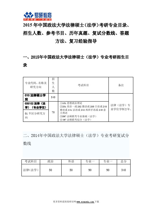 2015中国政法大学法律硕士(法学)考研专业目录招生人数参考书目历年真题复试分数线答题方法