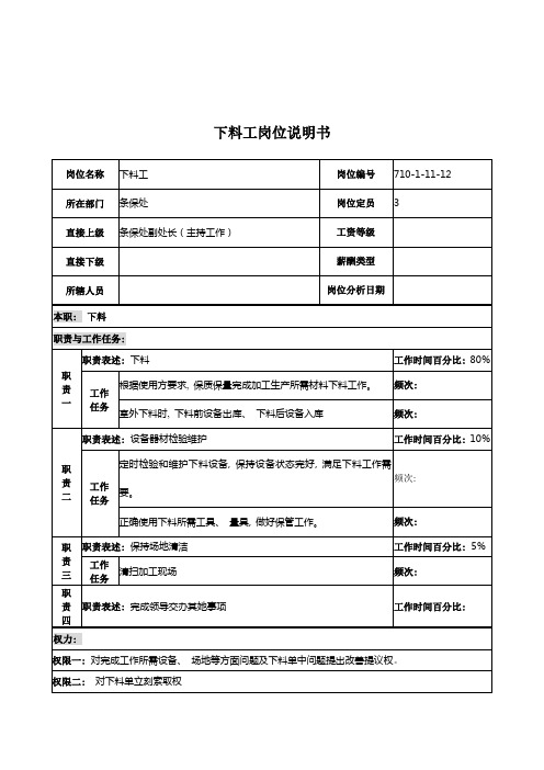 研究所条件保障处下料工岗位说明书