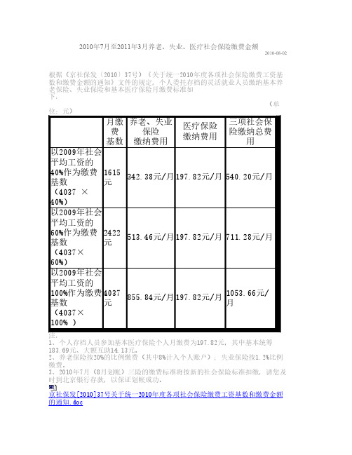 关于统一2010年度各项社会保险缴费工资基数和缴费金额的通知