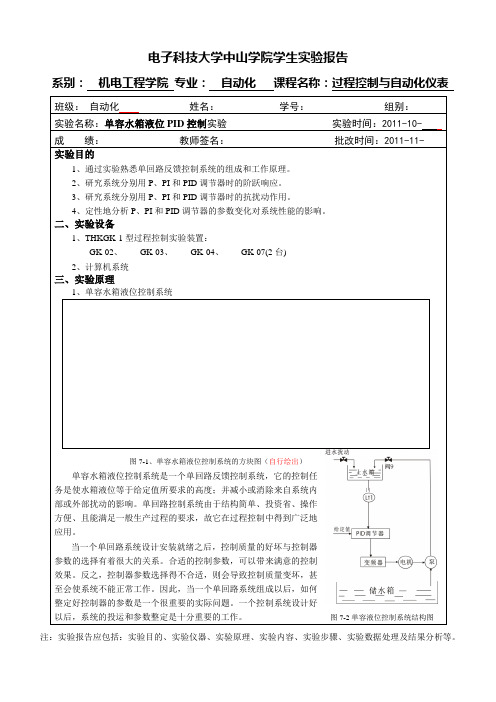 实验二(单容水箱液位PID控制实验)实验报告电子版