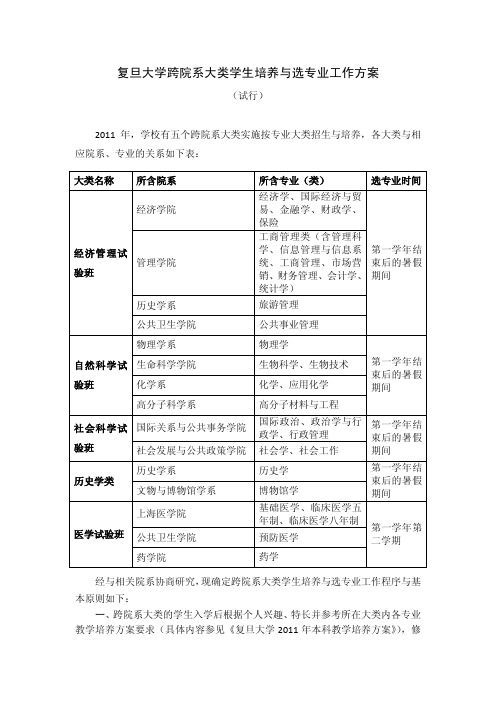 复旦大学跨院系大类学生培养与选专业工作方案