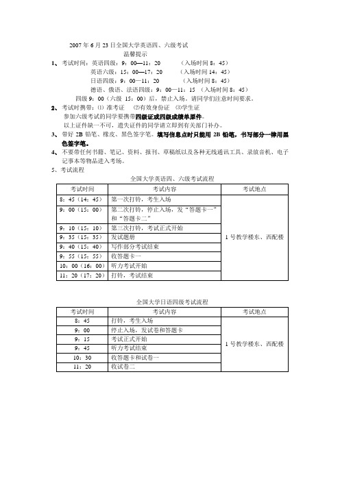 2007年6月23日全国大学英语四,六级考试温馨提示