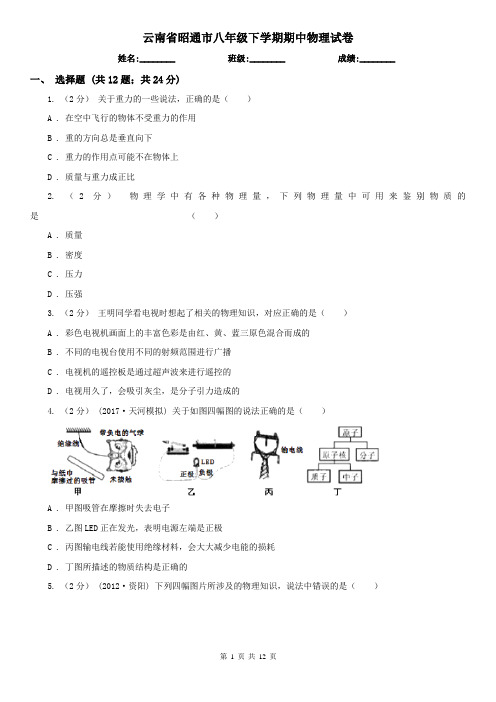 云南省昭通市八年级下学期期中物理试卷  