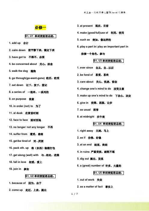 人教版高中英语课本单词表黑体短语总结(B1B7)