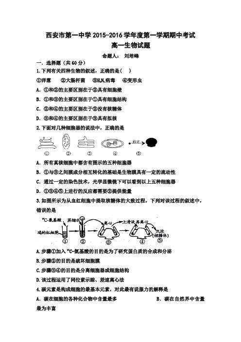 《首发》陕西省西安市第一中学2015-2016学年高一上学期期中考试生物试题Word版含答案