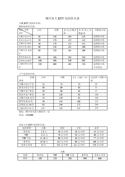 铜川各大KTV包间价目表