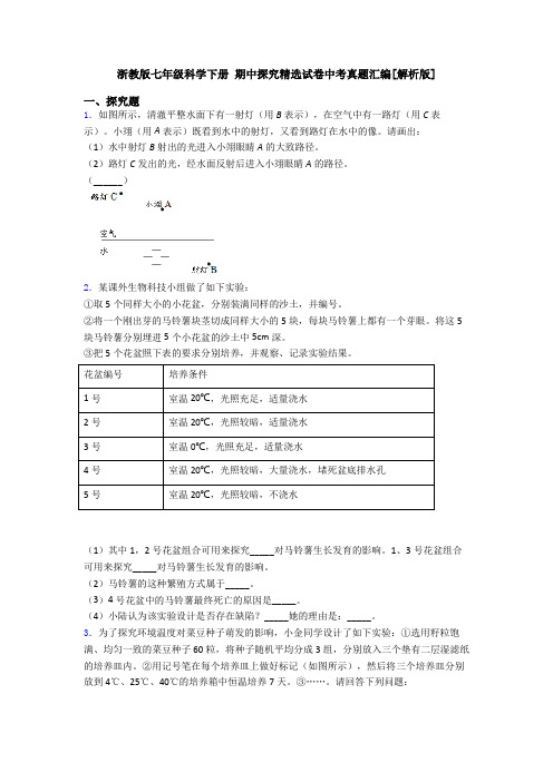 浙教版七年级科学下册 期中探究精选试卷中考真题汇编[解析版]