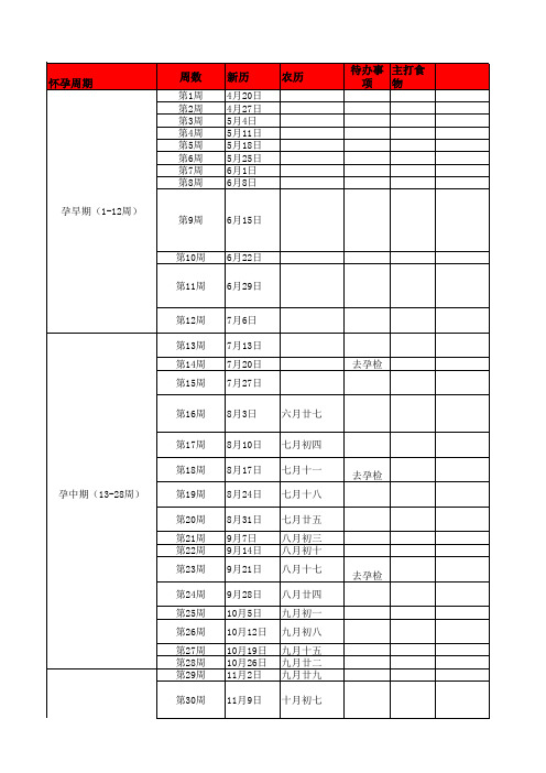 妊娠中胎儿发育周期表