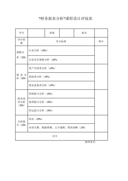 《财务报表分析》课程设计评阅表