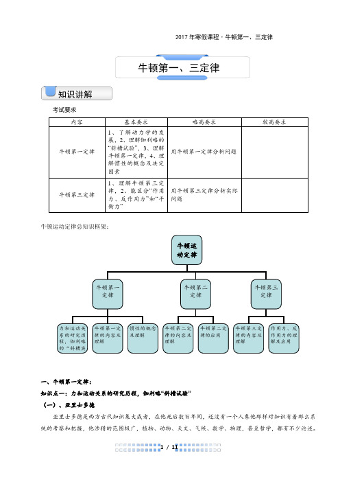 高一物理讲义《牛顿第一、三定律》