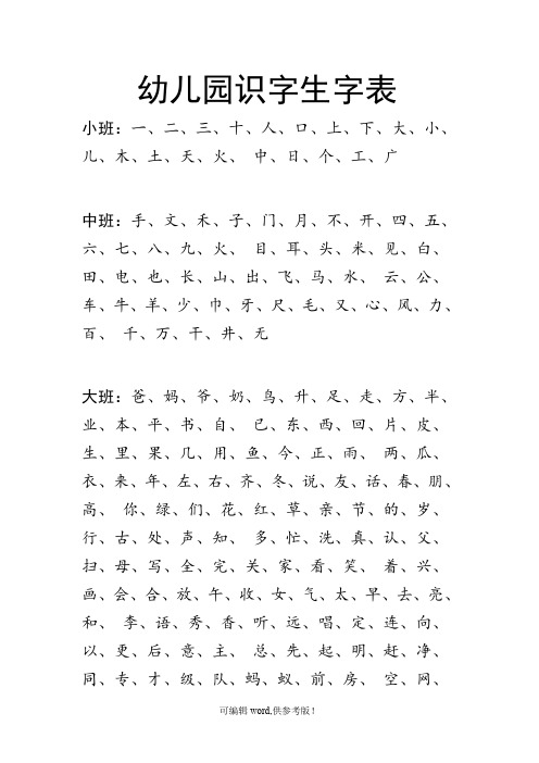 幼儿园识字生字表